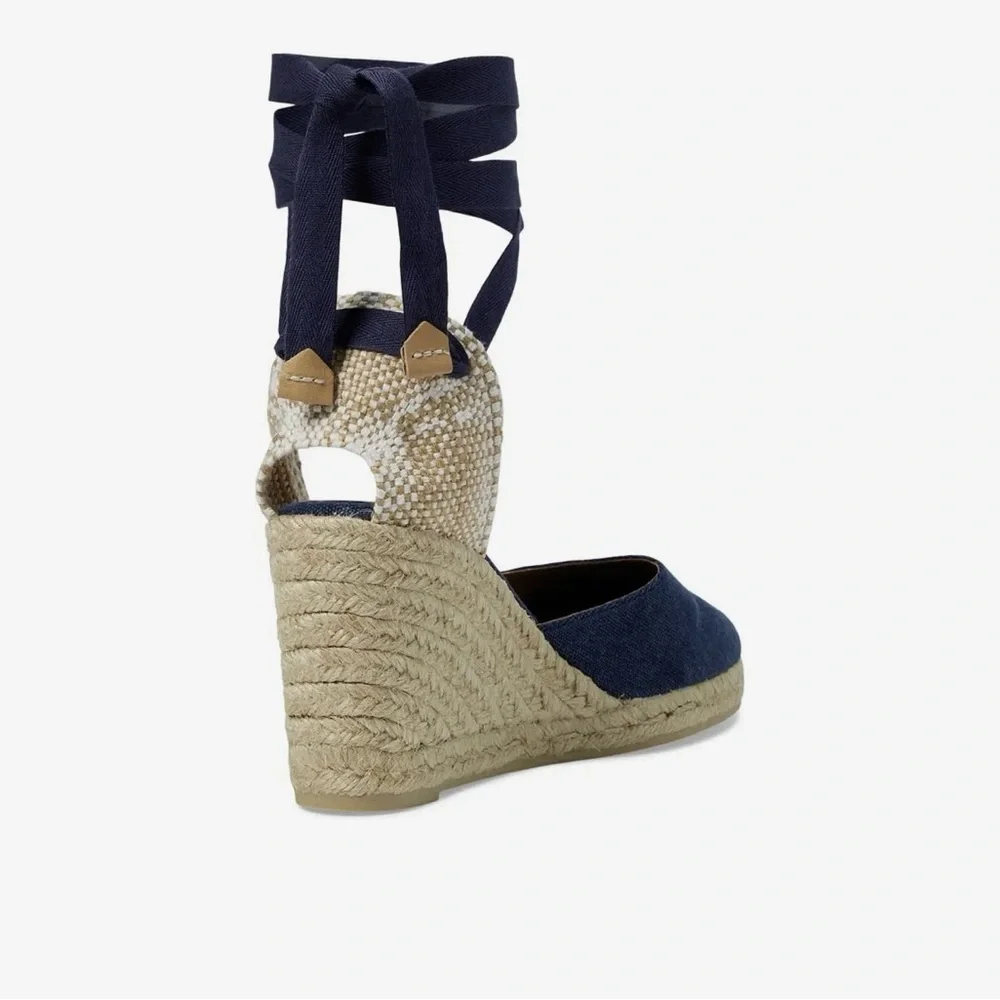 NWOB Castaner Espadrille Wedges Navy/Tan 3” heel front platform - Picture 3 of 11